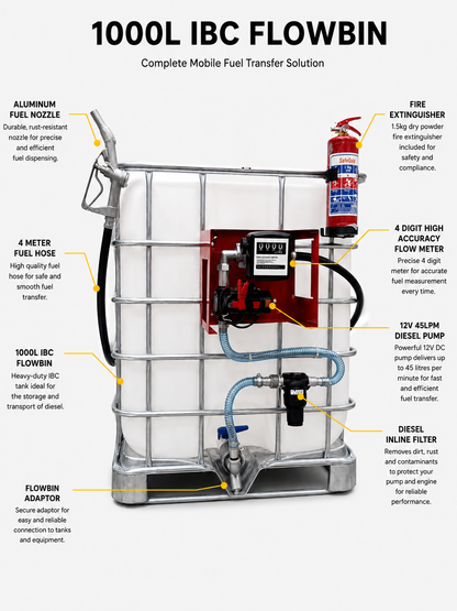 1000L IBC Diesel Flowbin Budget Kit – 45LPM Pumpset, Aluminium Nozzle & Inline Filter