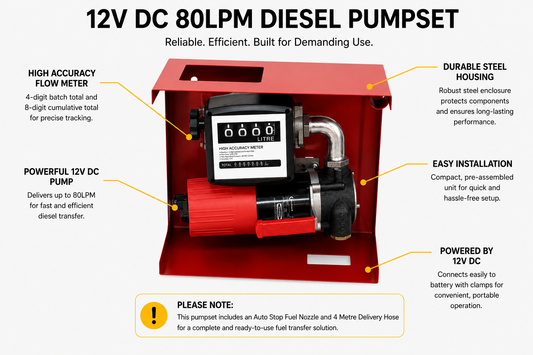 12V Diesel Transfer Pumpset 80LPM – Auto Stop Nozzle, Meter & Hose Included