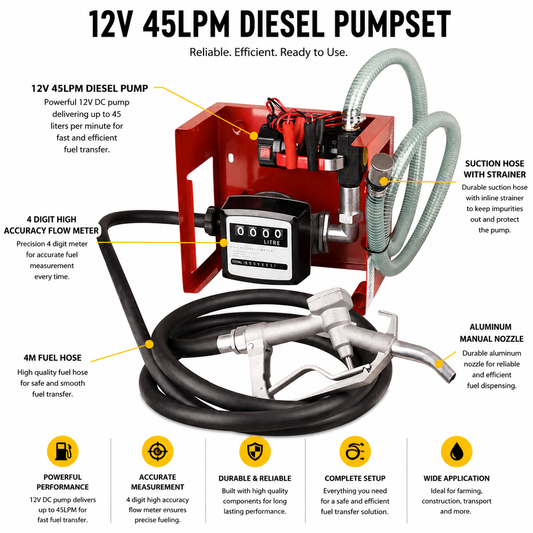 12V Diesel Transfer Pumpset 45LPM – Complete Kit with Meter, Hose & Nozzle