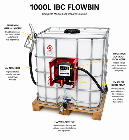 1000L IBC Diesel Flowbin Standard – 12V 45LPM Pump with Regulatory Signage