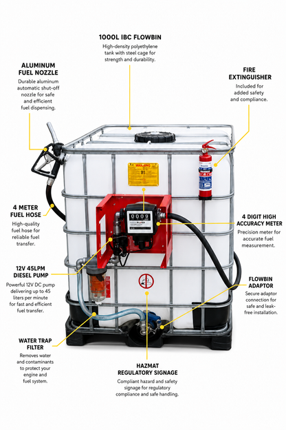 1000L IBC Diesel Flowbin Full Kit – 45LPM Pump, Manual Nozzle, Meter & Hose